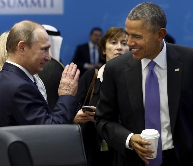 US President Barack Obama talks with his Russian counterpart Vladimir Putin prior to a session of the G-20 Summit in Turkey. The tide of global rage against the Islamic State group lends greater urgency to ending the jihadis’ ability to operate at will from a base in war-torn Syria. (AP File Photo) US President Barack Obama talks with his Russian counterpart Vladimir Putin prior to a session of the G-20 Summit in Turkey. The tide of global rage against the Islamic State group lends greater urgency to ending the jihadis’ ability to operate at will from a base in war-torn Syria. (AP File Photo)