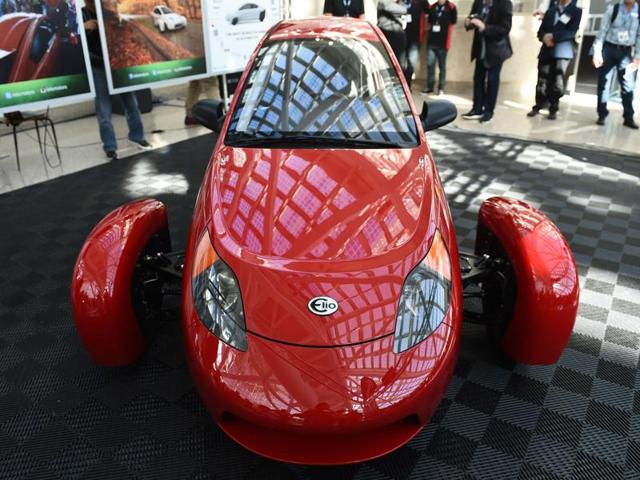 The P5 is a prototype from the start up Elio Motors. The three-wheeled electric vehicle, at a base price of $6,800, is expected to reach 84 miles per gallon with its 0.9L, 3-cylinder engine. (AFP) The P5 is a prototype from the start up Elio Motors. The three-wheeled electric vehicle, at a base price of $6,800, is expected to reach 84 miles per gallon with its 0.9L, 3-cylinder engine. (AFP)
