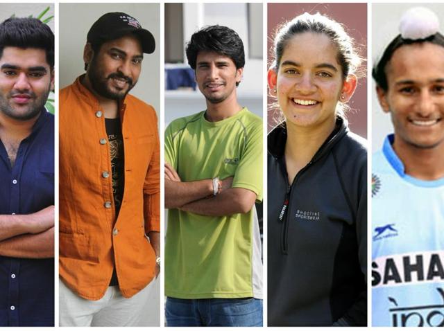 (From L-R): Writer Sumrit Shahi; Singer Alamgir Khan; Skiier Himanshu Thakur; Shooter Anjum Moudgil; Jr Hockey capt Harjeet Singh and Asian Games Walker Khushbir Kaur. (From L-R): Writer Sumrit Shahi; Singer Alamgir Khan; Skiier Himanshu Thakur; Shooter Anjum Moudgil; Jr Hockey capt Harjeet Singh and Asian Games Walker Khushbir Kaur.