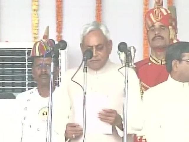 Nitish Kumar takes oath as Bihar chief minister during a ceremony at Gandhi Maidan in Patna. (ANI Photo)