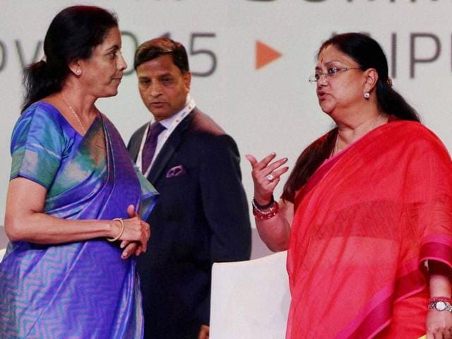 Rajasthan chief minister Vasundhara Raje with Union commerce and industry minister Nirmala Sitharaman during the closing ceremony of Resurgent Rajasthan Partnership Summit, in Jaipur on Friday. (PTI photo) Rajasthan chief minister Vasundhara Raje with Union commerce and industry minister Nirmala Sitharaman during the closing ceremony of Resurgent Rajasthan Partnership Summit, in Jaipur on Friday. (PTI photo)
