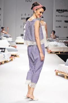 Designer Aneeth Arora’s Pajama Party collection for Pero features lace-edged striped pajamas that rulebending stylistas can dare to wear outside homes. Designer Aneeth Arora’s Pajama Party collection for Pero features lace-edged striped pajamas that rulebending stylistas can dare to wear outside homes.