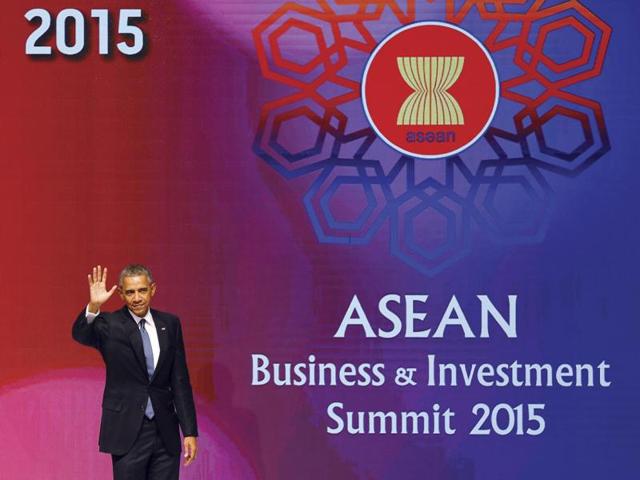 US President Barack Obama waves after giving a speech at the ASEAN Business and Investment Summit. (AP)