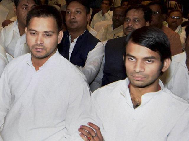 Tej Pratap and Tejashwi Yadav with other RJD MLAs during a meeting in Patna. (PTI Photo) Tej Pratap and Tejashwi Yadav with other RJD MLAs during a meeting in Patna. (PTI Photo)