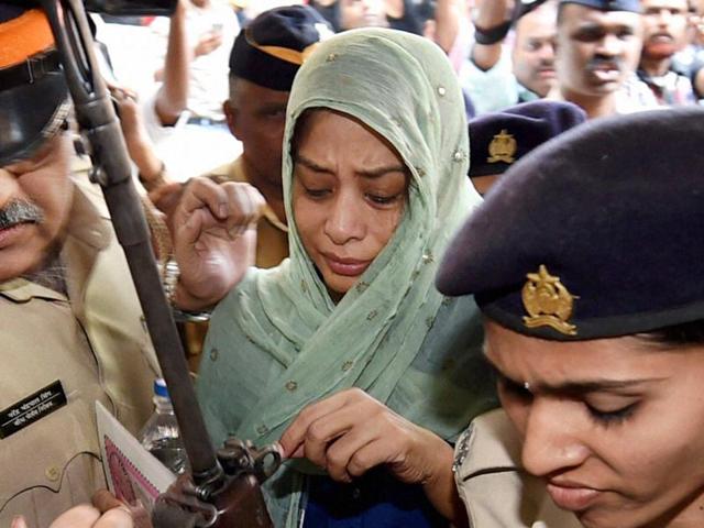 Indrani Mukerjea after being produced by CBI at the Esplanade court in Mumbai on Friday in connection with Sheena Bora murder case.(PTI)