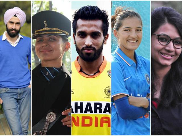 (From L-R): Entrepreneur Maninder Singh Bajwa, Capt Jasmine Kaushik, hockey player Dharamvir Singh, cricketer Sushma Verma and graphic artist Anamika Gupta (HT Photo) (From L-R): Entrepreneur Maninder Singh Bajwa, Capt Jasmine Kaushik, hockey player Dharamvir Singh, cricketer Sushma Verma and graphic artist Anamika Gupta (HT Photo)