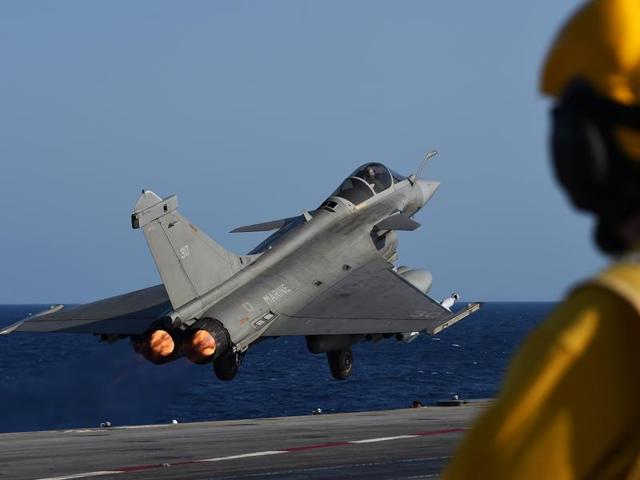A French Rafale fighter aircraft takes off with bombs from the French aircraft carrier Charles-de-Gaulle, on November 23, 2015 at eastern Mediterranean sea, as part of operation Chammal in Syria and Iraq against the Islamic State (IS) group. (AFP) A French Rafale fighter aircraft takes off with bombs from the French aircraft carrier Charles-de-Gaulle, on November 23, 2015 at eastern Mediterranean sea, as part of operation Chammal in Syria and Iraq against the Islamic State (IS) group. (AFP)