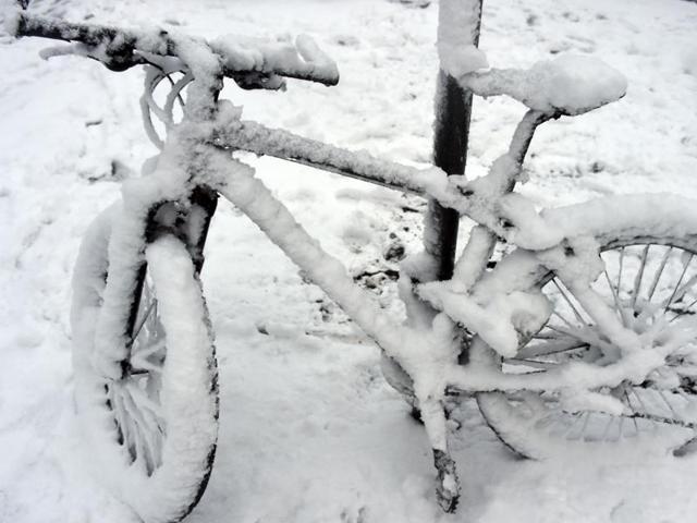 A cycle parked on November 22, 2015 in Hamburg, northern Germany is covered in snow. (AFP) A cycle parked on November 22, 2015 in Hamburg, northern Germany is covered in snow. (AFP)