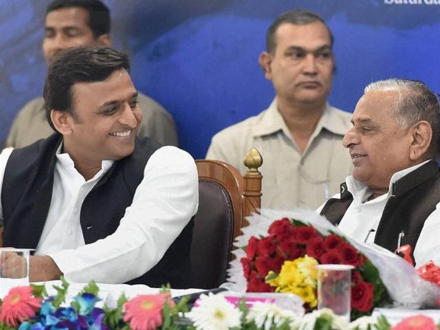 Samajwadi Party President Mulayam Singh Yadav and UP Chief Minister Akhilesh Yadav at a book release function in Lucknow on Saturday. (PTI Photo) Samajwadi Party President Mulayam Singh Yadav and UP Chief Minister Akhilesh Yadav at a book release function in Lucknow on Saturday. (PTI Photo)