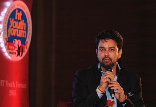 Member of Parliament Anurag Thakur during the award ceremony of ‘HT Youth Forum: Top 30 Under 30’ in Chandigarh (Sanjeev Sharma/Hindustan Times ) Member of Parliament Anurag Thakur during the award ceremony of ‘HT Youth Forum: Top 30 Under 30’ in Chandigarh (Sanjeev Sharma/Hindustan Times )