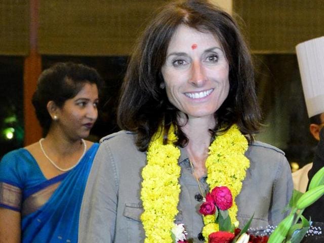 British pilot and adventurer, Tracey Curtis-Taylor smiles on her arrival at a hotel in Ahmedabad.(AFP Photo)