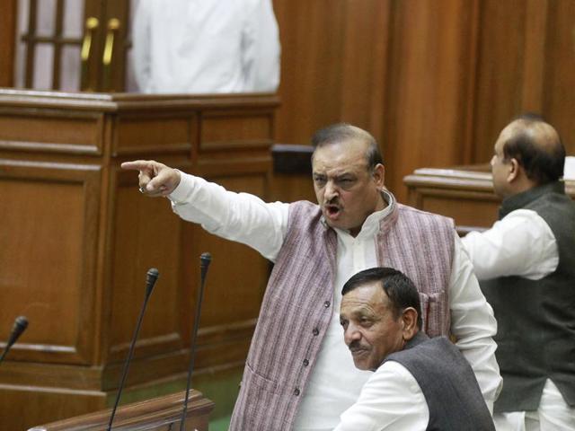 BJP MLA Om Prakash Sharma during the winter session of Delhi Vidhan Sabha. Sharma was suspended for making sexist remarks about AAP legislator Alka Lamba. (HT Photo) BJP MLA Om Prakash Sharma during the winter session of Delhi Vidhan Sabha. Sharma was suspended for making sexist remarks about AAP legislator Alka Lamba. (HT Photo)