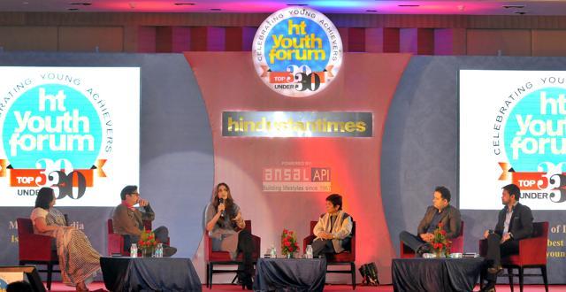 (From left) HT national editor, entertainment and lifestyle, Sonal Kalra, actors Jimmy Shergill and Sonam Kapoor, social activist Kiran Bedi, author Amish Tripathi, along with BCCI secretary Anurag Thakur during panel discussion at HT Youth Forum in Chandigarh on Monday evening. (Gurpreet Singh/HT Photo)