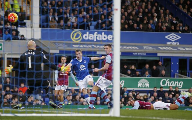Everton's Seamus Coleman shoots at goal. (Reuters Photo) Everton's Seamus Coleman shoots at goal. (Reuters Photo)