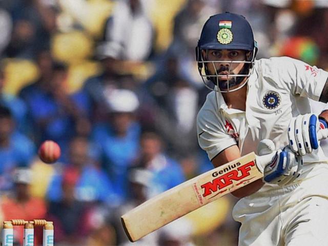 Indian skipper Virat Kohli plays a shot during his short stay of 22. (PTI Photo) Indian skipper Virat Kohli plays a shot during his short stay of 22. (PTI Photo)