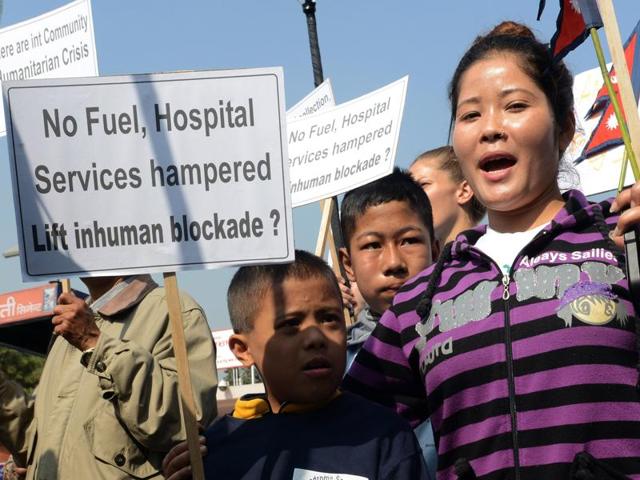 Nepalese activists and hospital patients rally against the block on humanitarian supplies at the Nepal-India border in Kathmandu. Nepal is heavily dependent on India for fuel and other supplies, but little cargo has crossed the border from India since protests against the constitution broke out in late September. (AFP) Nepalese activists and hospital patients rally against the block on humanitarian supplies at the Nepal-India border in Kathmandu. Nepal is heavily dependent on India for fuel and other supplies, but little cargo has crossed the border from India since protests against the constitution broke out in late September. (AFP)