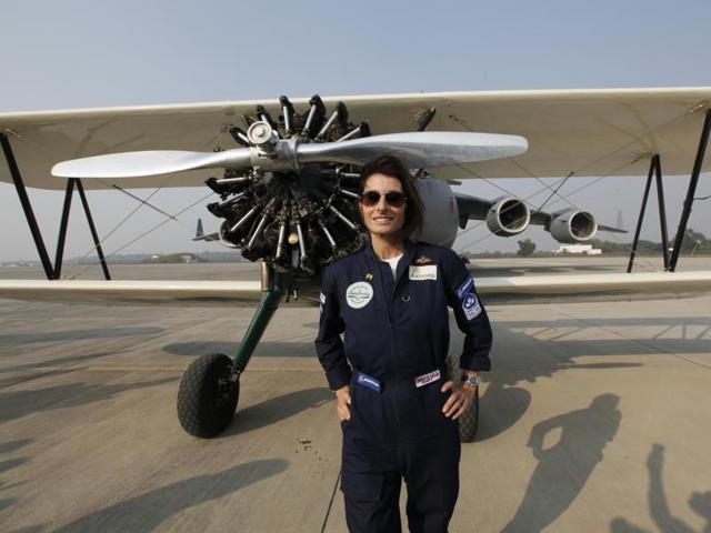British woman Pilot Tracey Curtis lands at Hindon Air force Station. (Raj K Raj/ HT Photo)