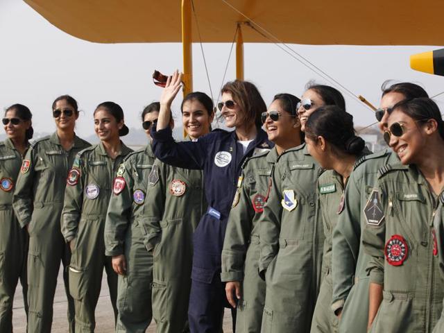 Taylor was honoured by the Indian Air Force with a fly past in Hindon for her aviation achievements. She is currently in India as part of her flight from the United Kingdom to Australia. (Raj K Raj/ HT Photo)