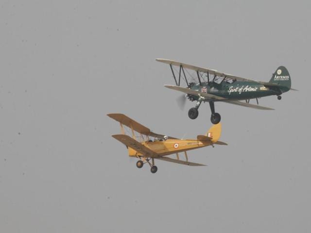 Taylor’s Boeing biplane (R) is part of the adventurer’s attempt at simulating the flying conditions of the 1930s. (Raj K Raj/ HT Photo)
