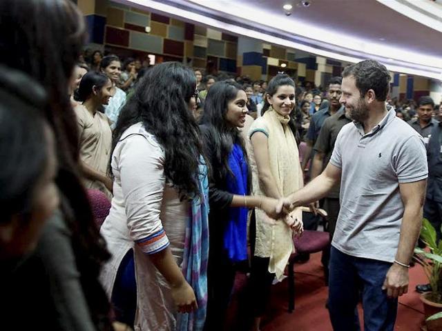 Congress vice president Rahul Gandhi greet students on his arrival at an interactive session with students of Mount Carmel College in Bengaluru. (PTI) Congress vice president Rahul Gandhi greet students on his arrival at an interactive session with students of Mount Carmel College in Bengaluru. (PTI)