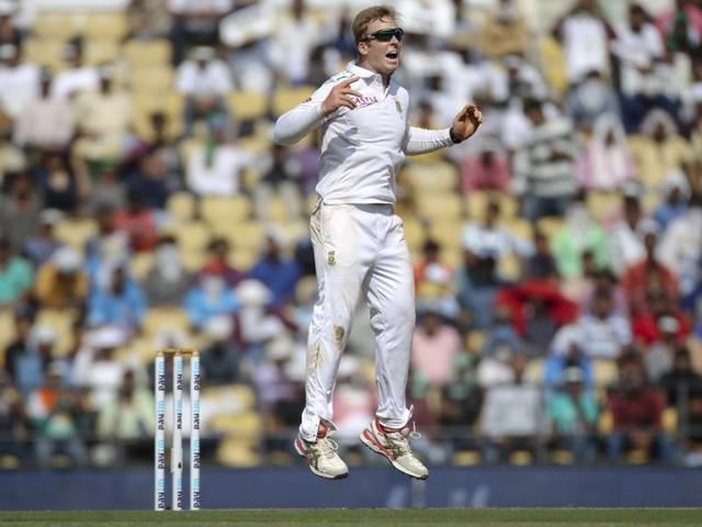 South African spinner Simon Harmer reacts after a close call. (AP Photo) South African spinner Simon Harmer reacts after a close call. (AP Photo)