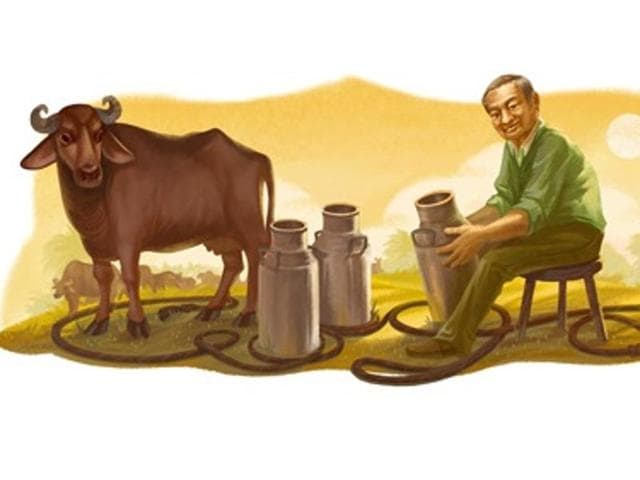 Google Doodle on Thursday had Verghese Kurien sitting beside a buffalo with a milk pail in hand and a rope coiled on the ground to spell Google.(Google) Google Doodle on Thursday had Verghese Kurien sitting beside a buffalo with a milk pail in hand and a rope coiled on the ground to spell Google.(Google)