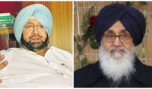 Addressing public gatherings during the sangat darshan programme in Khadoor Sahib assembly segment, Badal pointed out that Amarinder was once a ‘sworn’ Akali but switched sides to join the Congress.(HT Photo)