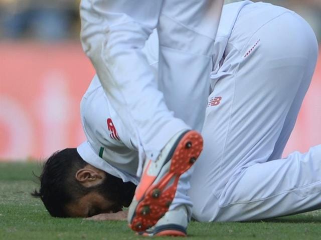 Imran Tahir kisses the ground in prayer after his five-wicket haul in India’s second innings. (AFP Photo) Imran Tahir kisses the ground in prayer after his five-wicket haul in India’s second innings. (AFP Photo)