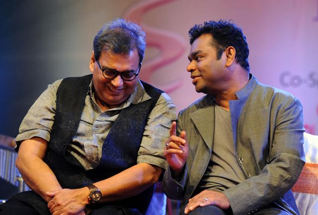 Subhash Ghai and Indian music composer, singer-songwriter AR Rahman speak as they attend a function. (AFP) Subhash Ghai and Indian music composer, singer-songwriter AR Rahman speak as they attend a function. (AFP)