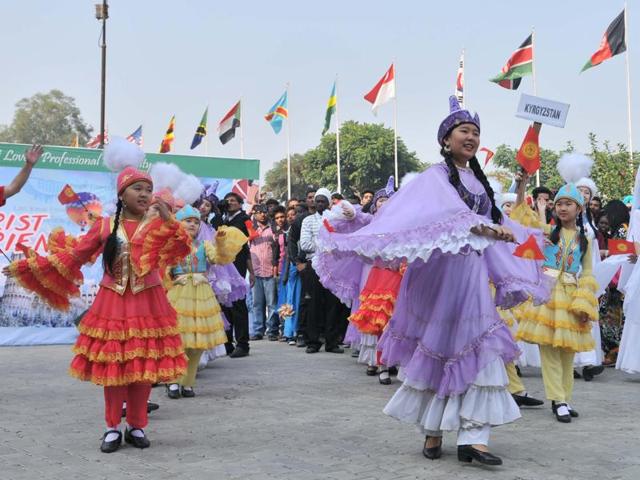 Kyrgyzstan students also show their talent during the event. Kyrgyz folk music consists of long, sustained pitches, with certain Russian elements. (Pardeep Pandit/HT Photo)