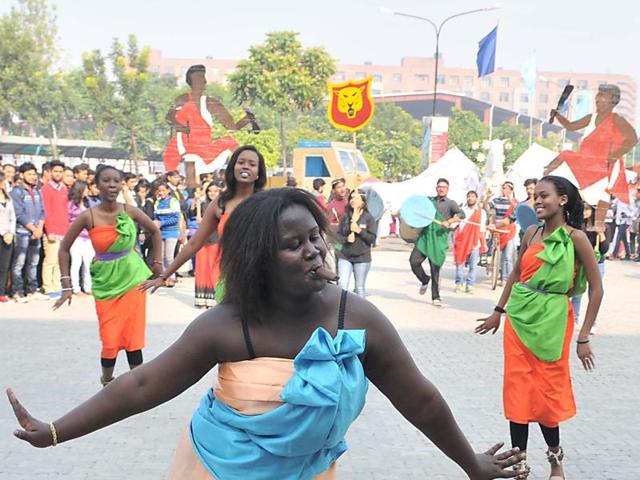 Burundi students performing at LPU on Thursday. Burundi is a landlocked country in the African Great Lakes region of East Africa. (Pardeep Pandit/HT Photo)