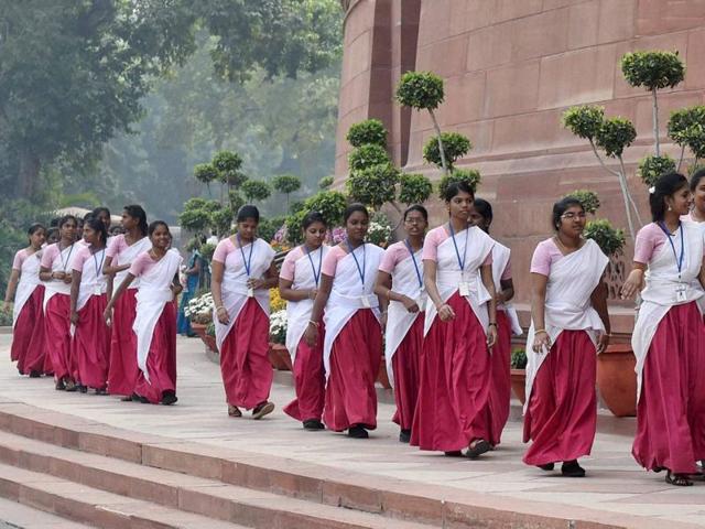 Students from Tamilnadu during the first day of winter session of Parliament in New Delhi. (PTI)