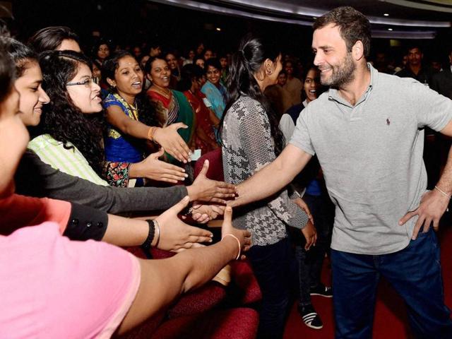 Congress vice-president Rahul Gandhi greet students on his arrival at an interactive session at the Mount Carmel College in Bengaluru on Wednesday. (PTI Photo) Congress vice-president Rahul Gandhi greet students on his arrival at an interactive session at the Mount Carmel College in Bengaluru on Wednesday. (PTI Photo)