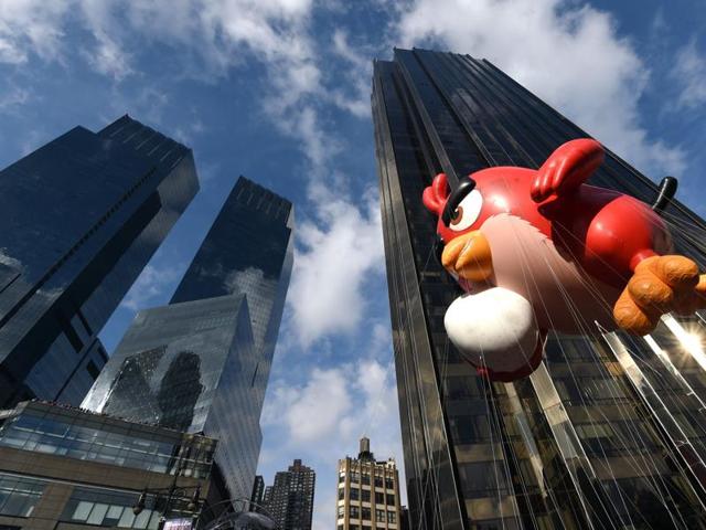 The Angry Birds balloon floats during the 89th Annual Macy’s Thanksgiving Day Parade in New York City. (AFP) The Angry Birds balloon floats during the 89th Annual Macy’s Thanksgiving Day Parade in New York City. (AFP)