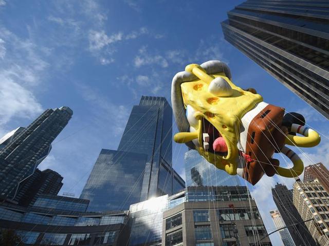 The SpongeBob SquarePants balloon floats through the parade route during the 89th Annual Macy’s Thanksgiving Day Parade on Thursday in New York City. (AFP) The SpongeBob SquarePants balloon floats through the parade route during the 89th Annual Macy’s Thanksgiving Day Parade on Thursday in New York City. (AFP)