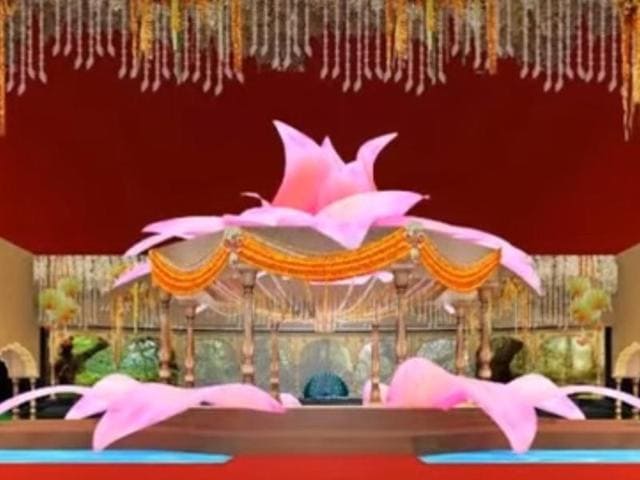 Lotus-shaped mandap for NRI tycoon Ravi Pillai’s daughter Arathi’s wedding has been designed by Sabu Cyril. (YouTube) Lotus-shaped mandap for NRI tycoon Ravi Pillai’s daughter Arathi’s wedding has been designed by Sabu Cyril. (YouTube)