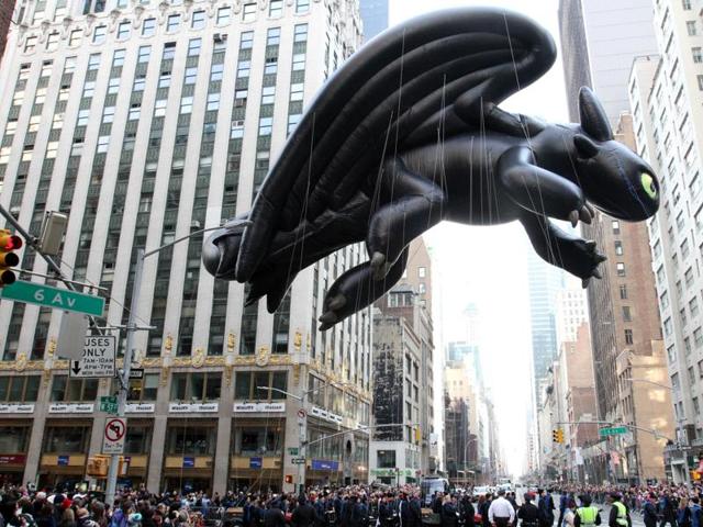 The Toothless balloon from How To Train Your Dragon makes its way down New York’s Sixth Avenue during the Macy’s Thanksgiving Day Parade on Thursday. (AP) The Toothless balloon from How To Train Your Dragon makes its way down New York’s Sixth Avenue during the Macy’s Thanksgiving Day Parade on Thursday. (AP)