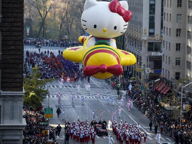 The Hello Kitty balloon makes its way down 6th Avenue during the 89th Macy’s Thanksgiving Day Parade in the Manhattan borough of New York on Thursday. (REUTERS) The Hello Kitty balloon makes its way down 6th Avenue during the 89th Macy’s Thanksgiving Day Parade in the Manhattan borough of New York on Thursday. (REUTERS)