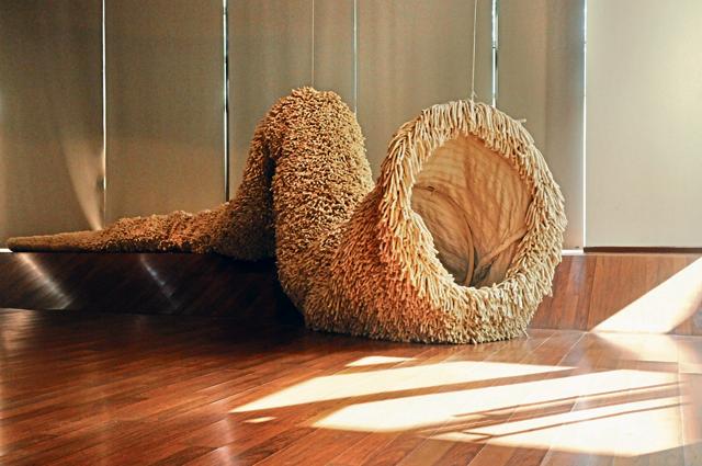 ‘Thought’ by artist Dhvani Behl. Here, Behl collaborated with weavers and used their expertise in pitloom weaving techniques on materials like wool, metal wire and wood. (Saumya Khandelwal / Hindustan Times)