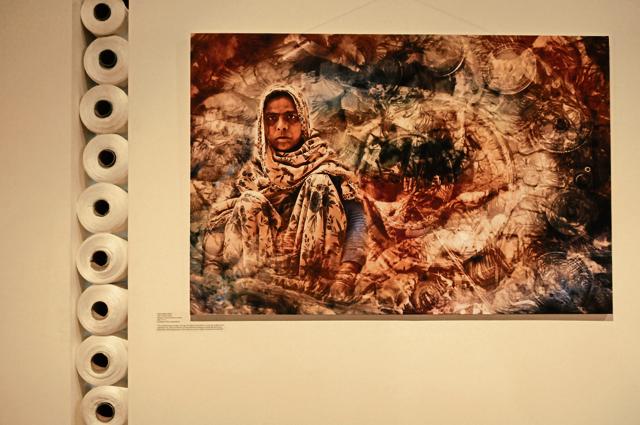 ‘Yarns of Hope’ by Brahm Maira uses photo manipulation of an archival print on canvas. (Saumya Khandelwal / Hindustan Times)