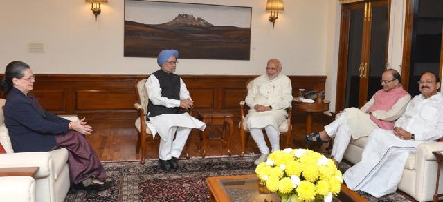 In this PIB-released handout photograph, PM Narendra Modi (C) in a meeting with former PM Manmohan Singh and Congress president Sonia Gandhi at 7 RCR in New Delhi, in the presence of finance minister Arun Jaitley and Union minister for parliamentary affairs, M Venkaiah Naidu. (AFP) In this PIB-released handout photograph, PM Narendra Modi (C) in a meeting with former PM Manmohan Singh and Congress president Sonia Gandhi at 7 RCR in New Delhi, in the presence of finance minister Arun Jaitley and Union minister for parliamentary affairs, M Venkaiah Naidu. (AFP)