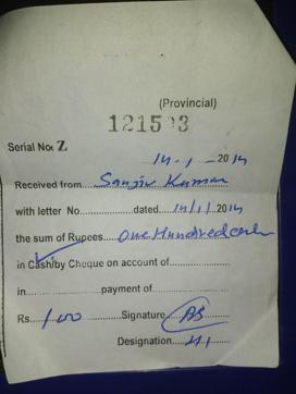 A payment receipt of food registration issued by the health department to a general store owner at Malsian village. (HT Photo) A payment receipt of food registration issued by the health department to a general store owner at Malsian village. (HT Photo)