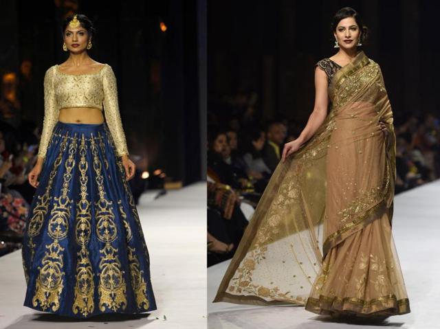 Models sporting designers Wardha Saleem and Obaid Shiekh’s creations on the ramp during the show. (AFP)