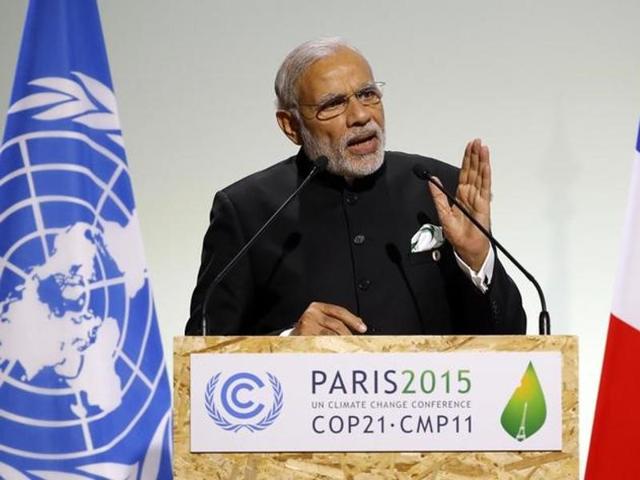 Indian Prime Minister Narendra Modi delivers a speech during the opening session of the World Climate Change Conference 2015 (COP21) at Le Bourget, near Paris.(Reuters)