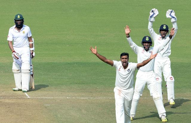 India's Ravichandran Ashwin, Cheteshwar Pujara and Wriddhiman Saha appeal unsuccessfully against South Africa's captain Hashim Amla during the third Test cricket match between India and South Africa at The Vidarbha Cricket Association Stadium in Nagpur. (AFP) India's Ravichandran Ashwin, Cheteshwar Pujara and Wriddhiman Saha appeal unsuccessfully against South Africa's captain Hashim Amla during the third Test cricket match between India and South Africa at The Vidarbha Cricket Association Stadium in Nagpur. (AFP)