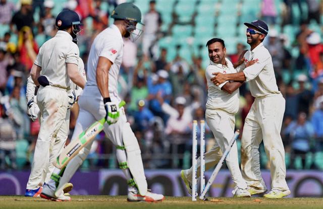 Amit Mishra celebrates the wicket of South African batsman Faf du plessis during the Third day of the 3rd test match played in Nagpur. (PTI) Amit Mishra celebrates the wicket of South African batsman Faf du plessis during the Third day of the 3rd test match played in Nagpur. (PTI)