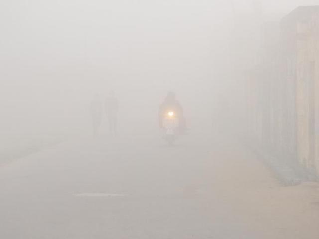 A man on his two-wheeler on a foggy morning in Dhanowali village on the outskirts of Jalandhar on Tuesday. (Pardeep Pandit/HT Photo) A man on his two-wheeler on a foggy morning in Dhanowali village on the outskirts of Jalandhar on Tuesday. (Pardeep Pandit/HT Photo)