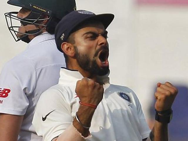 India's captain Virat Kohli celebrates after their win over South Africa on the third day of their third test cricket match in Nagpur on November 27, 2015. (Reuters Photo) India's captain Virat Kohli celebrates after their win over South Africa on the third day of their third test cricket match in Nagpur on November 27, 2015. (Reuters Photo)