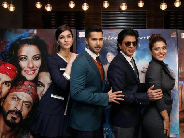 Kriti Sanon, Varun Dhawan, Shah Rukh Khan and Kajol pose for photographers during the photo call for the film Dilwale in a central London hotel. (AP)