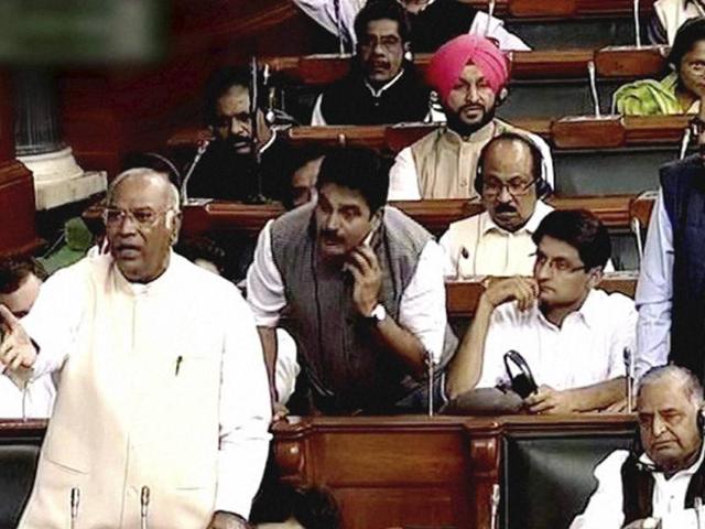 Congress leader Mallikarjun Kharge speaks in the Lok Sabha, in New Delhi. (PTI Photo) Congress leader Mallikarjun Kharge speaks in the Lok Sabha, in New Delhi. (PTI Photo)
